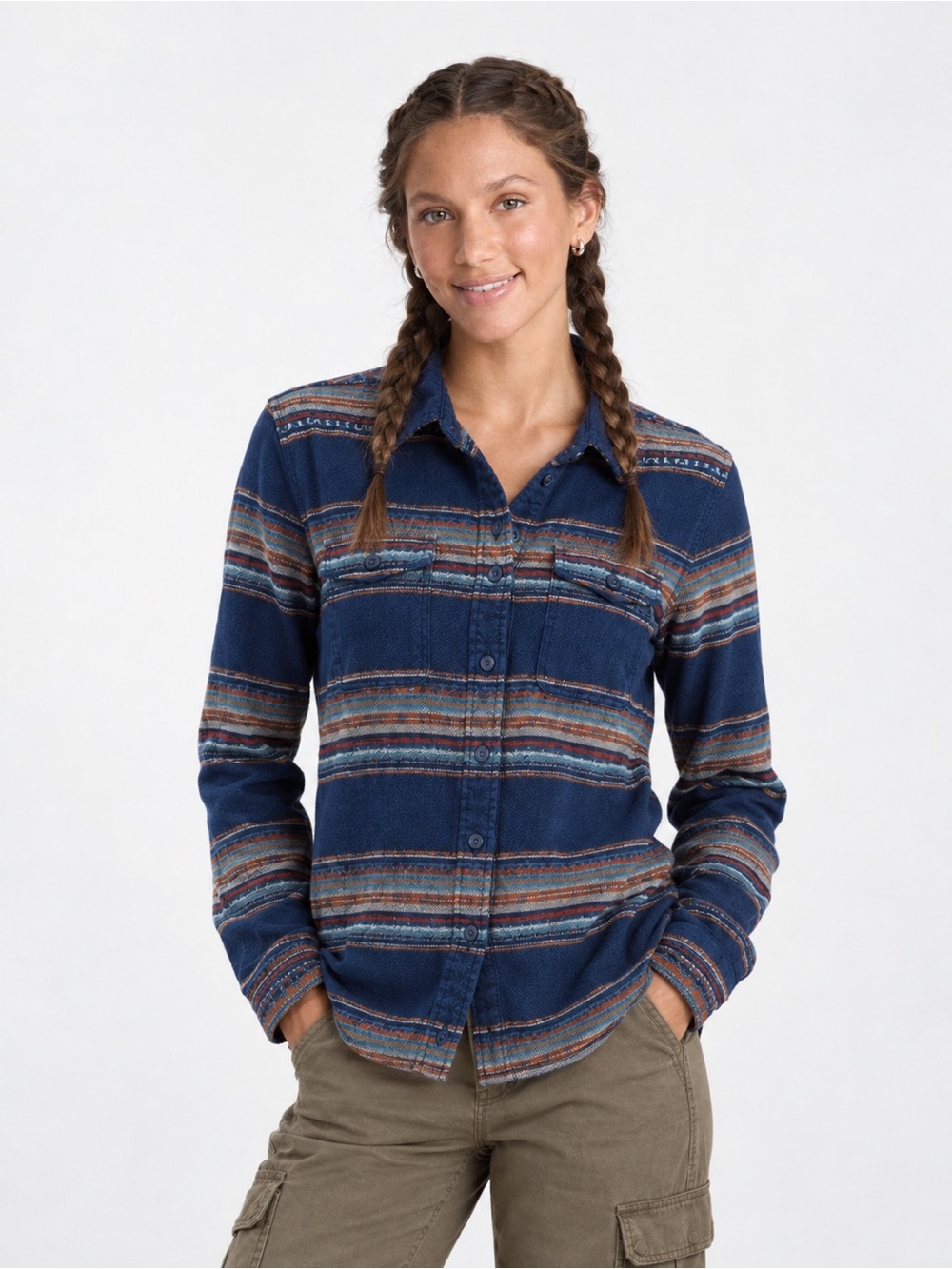 Patagonia W's Long-Sleeved Fjord Flannel Shirt - Gaucho Stripe: Classic Navy